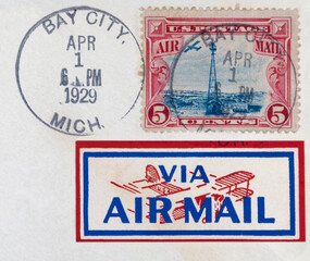 luftpost airmail briefmarke stamp gestempelt used frankiert cancel vintage retro alt old usa amerika america bay city michigan 1929 flugzeug plane rot red blau blue white weiss 5 april 1