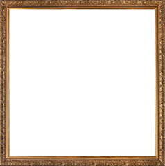 Frame for pictures and photographs of a square shape. Wooden molding with golden ornament. 
