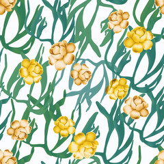 Colourful Seamless Pattern with tropic flowers and leaves. Hi quality fashion design. Fresh and unique botanical background