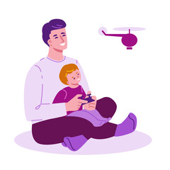 Father and son are playing with a radio-controlled helicopter. Happy family .Vector illustration in flat cartoon style. Isolated on a white background.