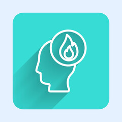 White line Firefighter icon isolated with long shadow. Green square button. Vector