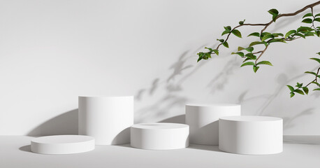 Podium product display stand with nature leaves on white background. 3D rendering