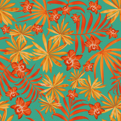 Fototapeta na wymiar Colourful Seamless Pattern with tropic flowers and leaves. Hi quality fashion design. Fresh and unique botanical background