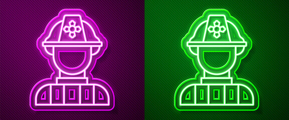 Glowing neon line Firefighter icon isolated on purple and green background. Vector