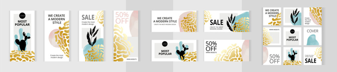 Botanical big set of editable vertical, horizontal and square style photo collage banners. Abstract gold leopard pattern shapes in boho style. Minimalism templates for social media posting vector.