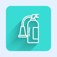 White line Fire extinguisher icon isolated with long shadow. Green square button. Vector