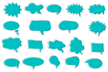 Empty green speech bubbles.Bubbles in the form of a cloud, paper drawn by hand, in the form of a frame.A set of different speech bubbles of different shapes.Means of communication.Vector illustration.