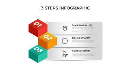 3 list of steps diagram, row layout with isometric number sequence, infographic element template vector