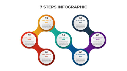 7 points of steps, connected circle list diagram with number of sequence, infographic element template vector