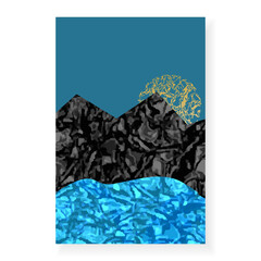 Hand drawn poster with minimalist landscape design. Seascape with mountains and  sea. Modern design with art texture.
