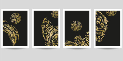 Luxurious dark background with golden palm leaves and the moon. Set of creative templates for weddings, invitations, birthday, parties, cards, posters, covers, wall decor.