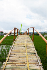 A small wooden bridge and under the bridge there are rice fields