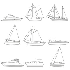 Set boats, speedboat, sailboat, vessel, yacht, icons, logo. Vector ship and motor boats, lineart editable stroke, illustration