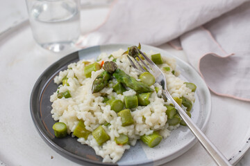 Spring food; Delicious risotto with asparagus and wild garlic