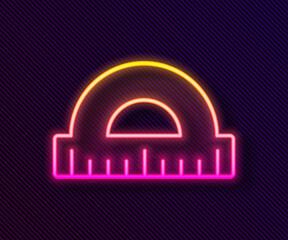 Glowing neon line Protractor grid for measuring degrees icon isolated on black background. Tilt angle meter. Measuring tool. Geometric symbol. Vector