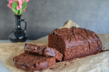 Sliced homemade chocolate pound cake loaf