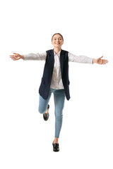 Young woman opening arms for hug on white background