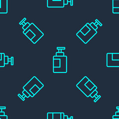 Green line Hand sanitizer bottle icon isolated seamless pattern on blue background. Disinfection concept. Washing gel. Alcohol bottle for hygiene. Vector