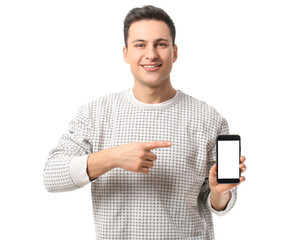 Handsome young man with mobile phone on white background