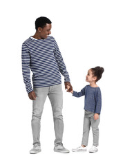 Portrait of happy African-American father and his little daughter on white background