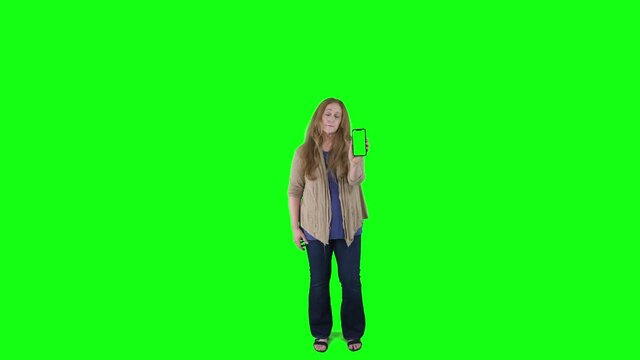 Sad shopper shows her phone on a green screen