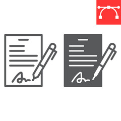 Contract line and glyph icon, document with pen and form, signature vector icon, vector graphics, editable stroke outline sign, eps 10