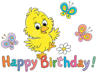 Birthday card with a happy little yellow chick dancing with colorful small butterflies flittering around, vector cartoon illustration isolated on a white background