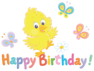 Birthday card with a happy little yellow chick dancing with colorful butterflies, vector cartoon illustration isolated on a white background