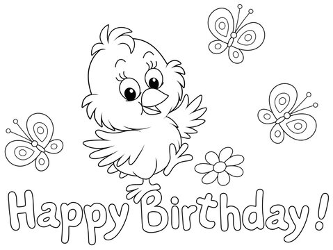 Birthday card with a happy little chick dancing with merry small butterflies flittering around, black and white outline vector cartoon illustration for a coloring book page