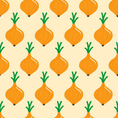 Onion, onion bulb vegetable with green leaves cute cartoon style vector seamless pattern background.