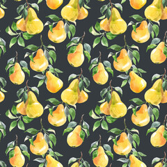 Beautiful seamless pattern with hand drawn watercolor tasty summer pear fruits. Stock illustration.