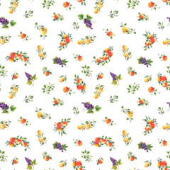 Beautiful seamless pattern with hand drawn watercolor tasty summer pear apple grape fruits. Stock illustration.