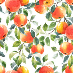 Beautiful seamless pattern with hand drawn watercolor tasty summer red apple fruits. Stock illustration.