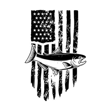 American flag with salmon fish illustration. Design element for poster, card, banner, t shirt. Vector illustration