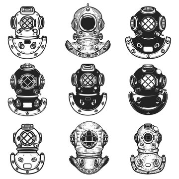 Set of illustrations of diver helmets in monochrome style. Retro diver helmet. Design element for poster, card, banner, sign, logo, emblem. Vector illustration