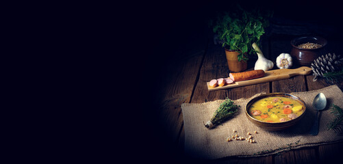 Classic pea soup with sausage and meat