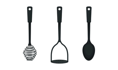 Black Kitchen Utensil with Spoon and Whisk Vector Set
