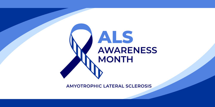 Als awareness month. Vector banner for social media, card, poster. Illustration with text Als awareness month, amyotrophic lateral sclerosis. Blue striped ribbon on a white background.