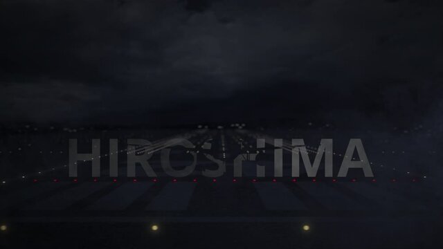Airplane taking off from the airport with HIROSHIMA city name, 3d animation