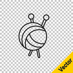 Black line Yarn ball with knitting needles icon isolated on transparent background. Label for hand made, knitting or tailor shop. Vector