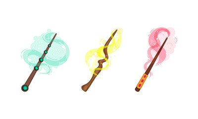 Magic Wands with Fairy Dust and Glow Swirling Around Vector Set