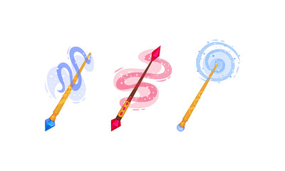 Magic Wands with Fairy Dust and Glow Swirling Around Vector Set