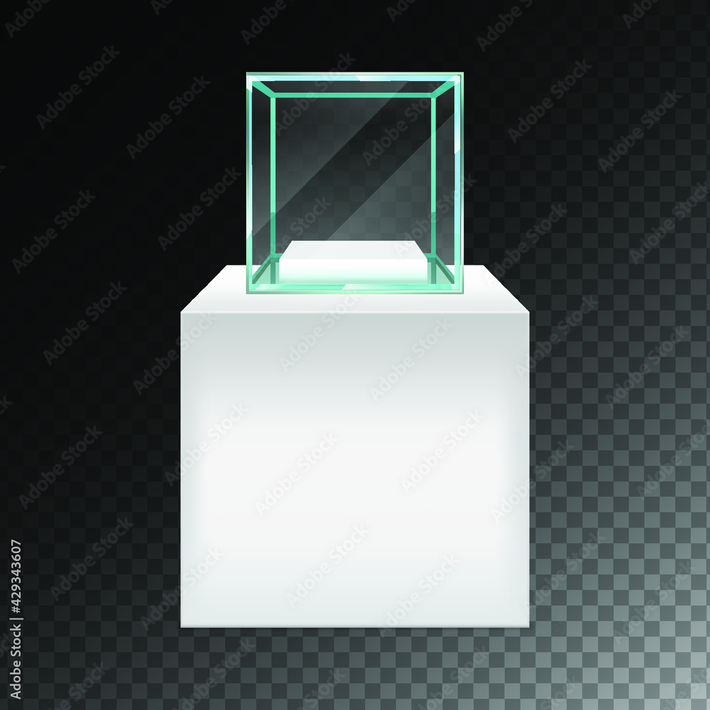 Poster transparent display glass box isolated on checkered background. empty container for exhibition in ga