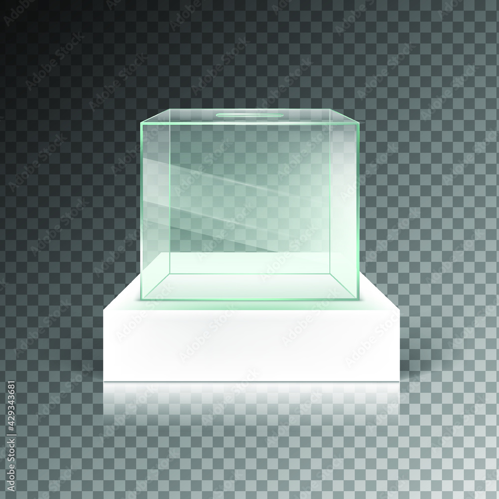 Poster transparent display glass box isolated on checkered background. empty container for exhibition in ga