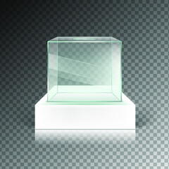Transparent display glass box isolated on checkered background. Empty container for exhibition in gallery. Eps 10 vector illustration.