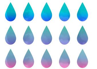 水彩　青　グラデーション　水　水滴　アイコン　セット