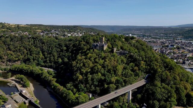 Aerial drone shot of castle in Lahnstein Germany. Also seen is the Rhine River.