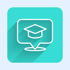 White line Graduation cap in speech bubble icon isolated with long shadow. Graduation hat with tassel icon. Green square button. Vector