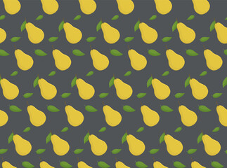 Seamless pattern with yellow pears and green leaves to the dark background. Fruit background. Vector print fabric, textile and wallpaper design. Vector illustration