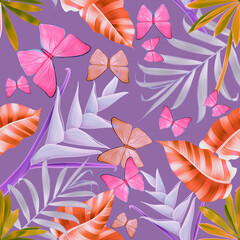 Seamless pattern with butterflies and Tropical flowers and leaves. Stylish trendy fashion floral pattern